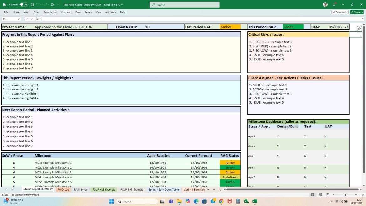 project-management-microsoft-excel-editable-weekly-status-report-internal-external-reporting-including-plan-on-a-page-and-raids-log-etc
