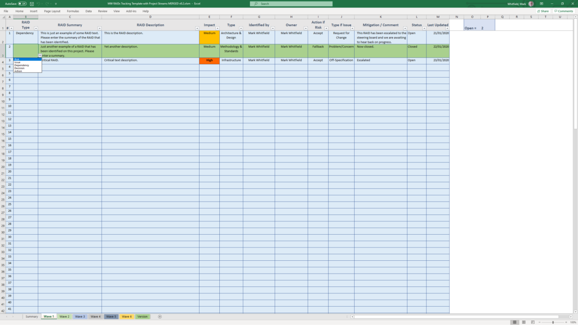 Agile Development Example Log PRINCE2 & Agile Excel RAID log template, track Risks, Assumptions ...