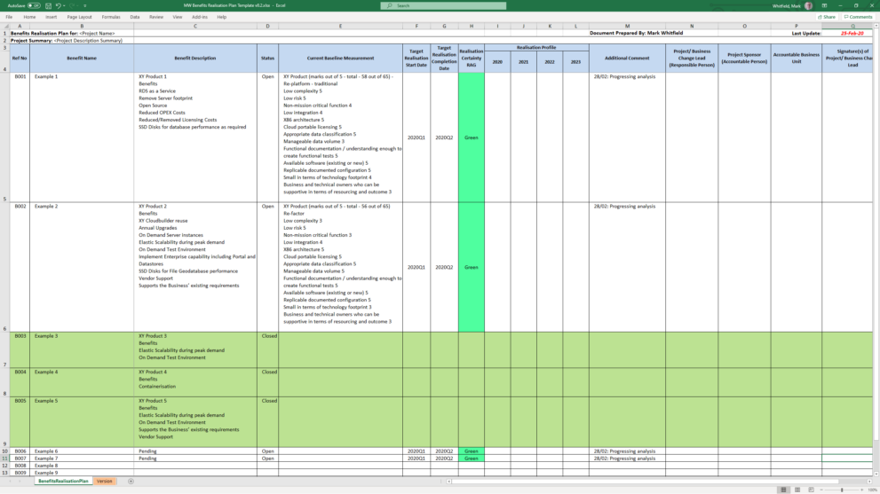 Programme, Project Benefits Realization Tracker Excel Template