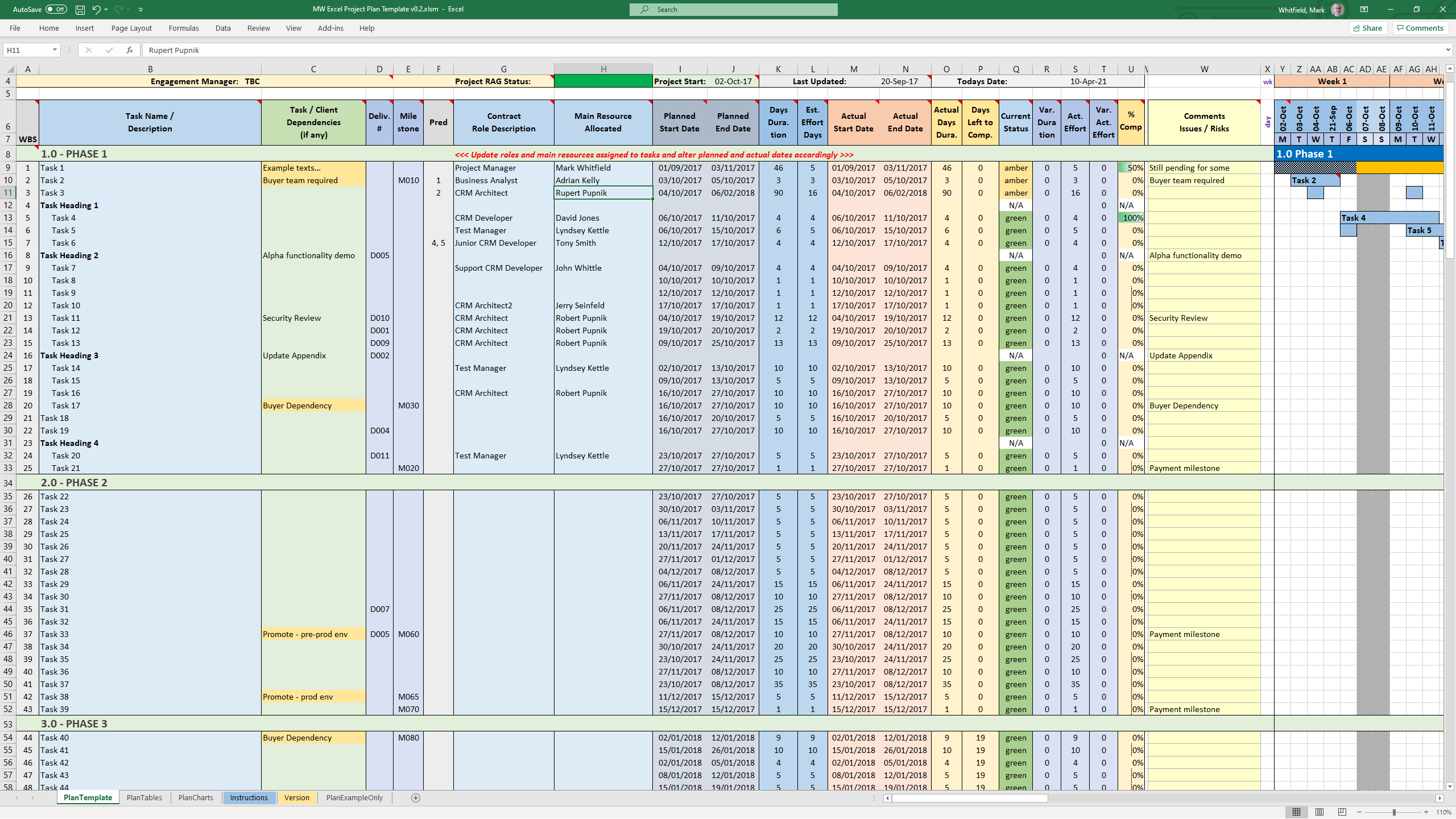 excel project planner with dates